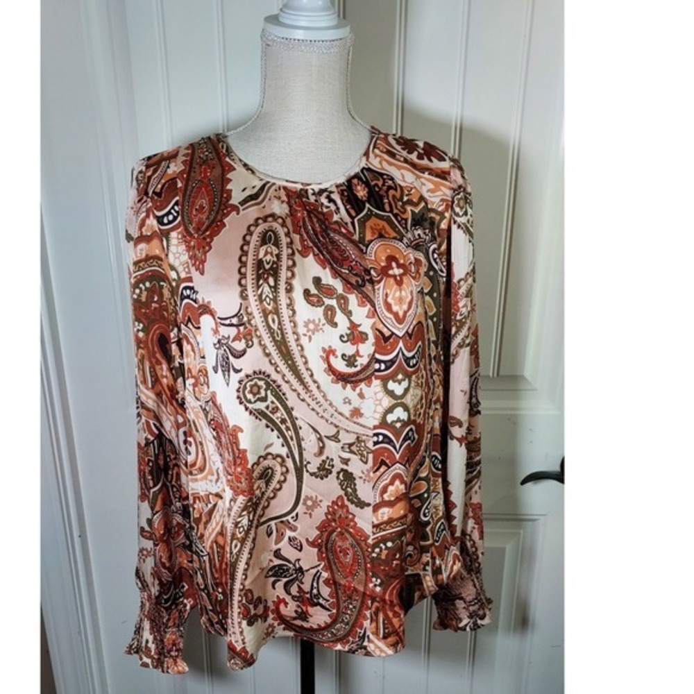 Hudson Gray Blouse Women Medium Taupe Paisley Smocked Cuff Long Sleeve Boho Top